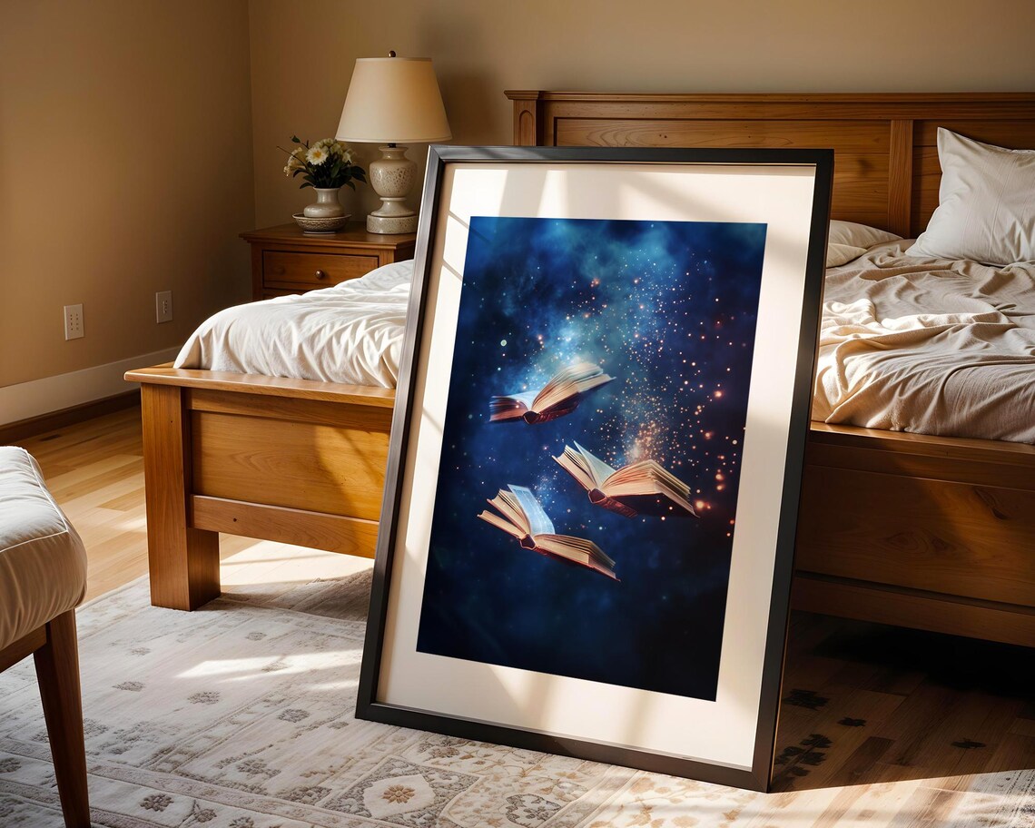 Magical Flying Books Cosmic Starry Night Celestial Fantasy Poster - Image 4