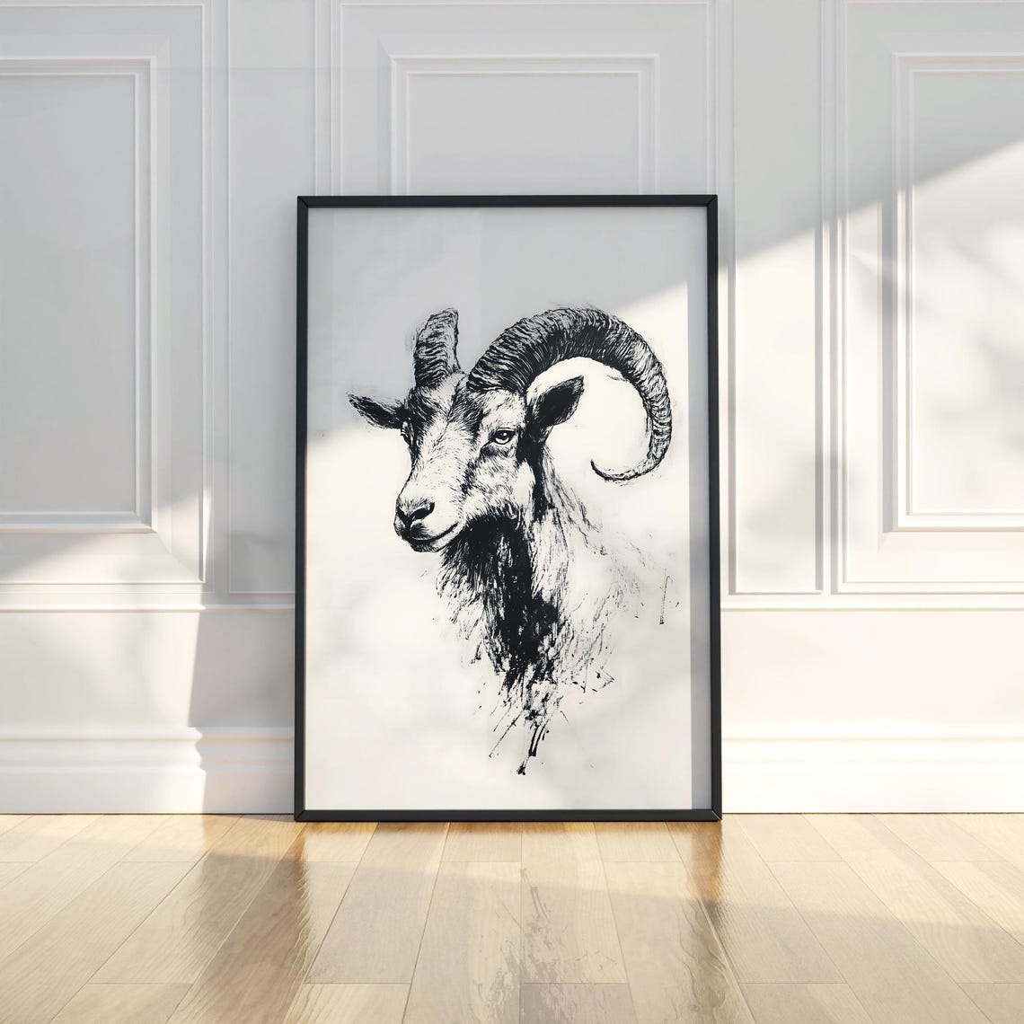 Ram Head With Curled Horns Charcoal Sketch Minimalist Poster