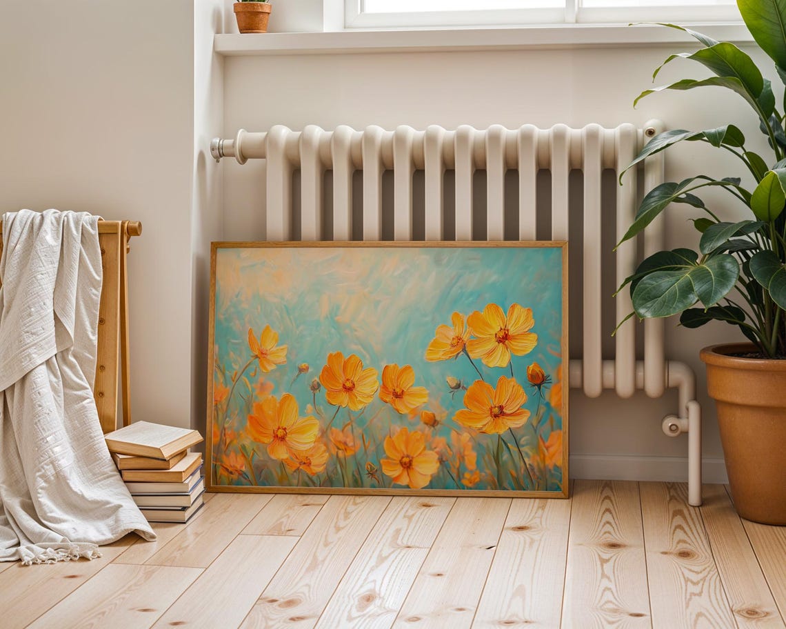 Golden Yellow Cosmos Flowers Teal Background Floral Art Poster - Image 4