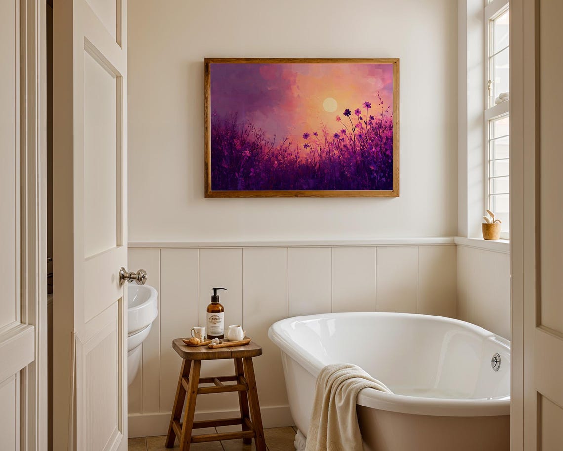 Purple Wildflower Field Sunset Moon Abstract Landscape Poster - Image 3