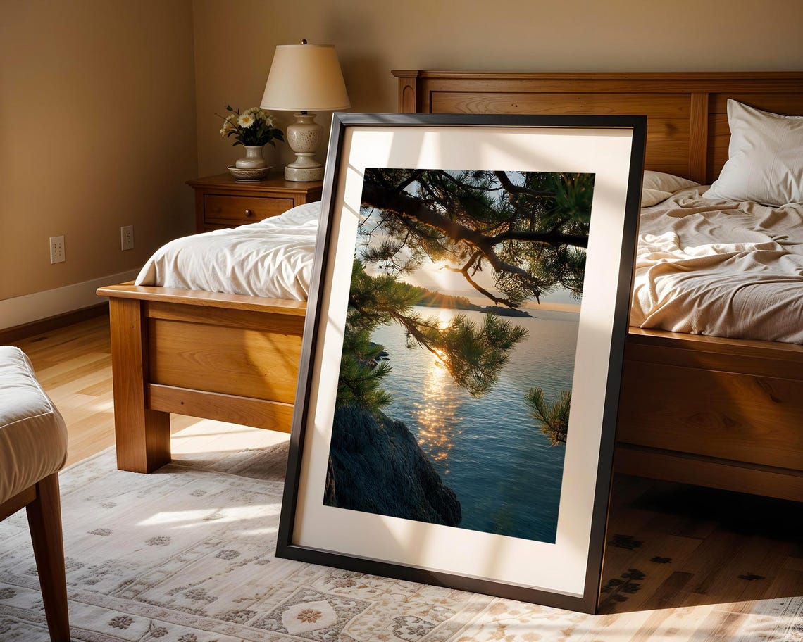 Golden Hour Sunset Over Water Pine Branches Lake Photo Poster - Image 4