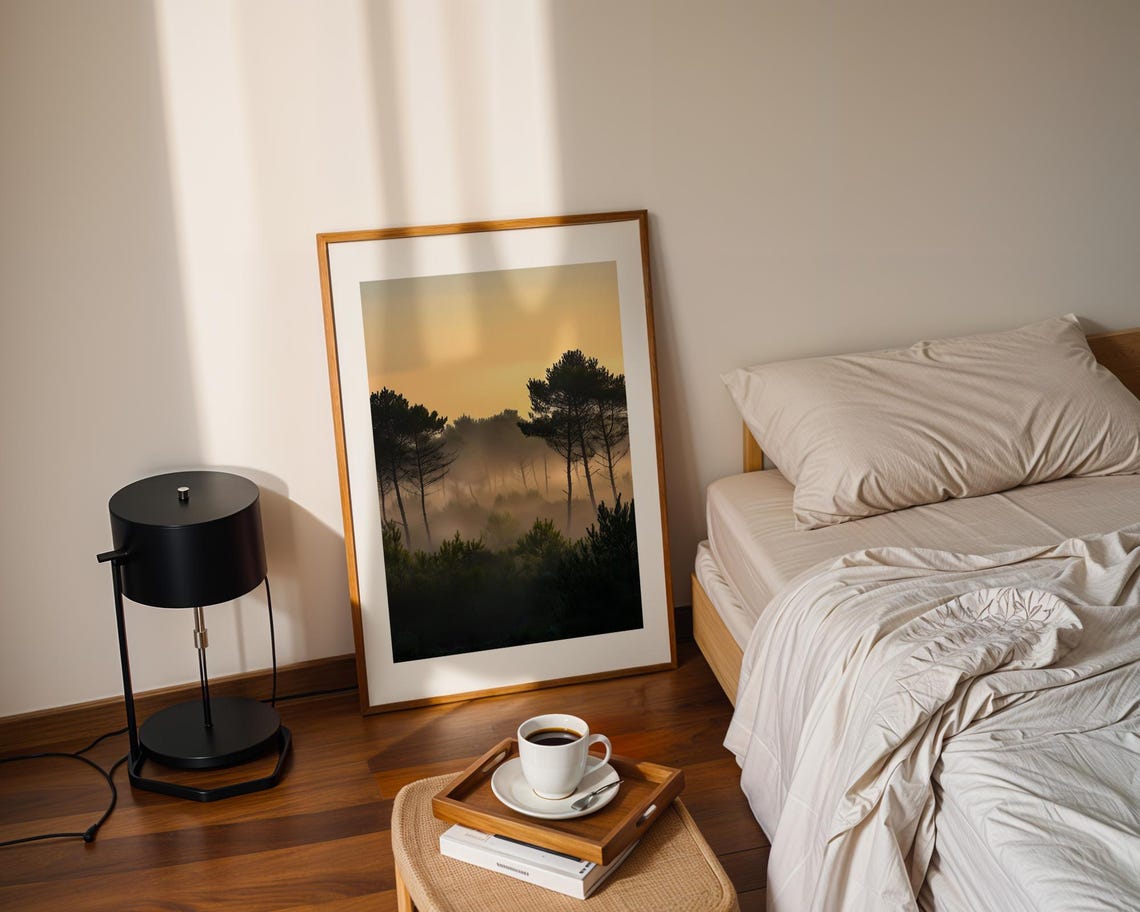 Misty Pine Forest at Golden Sunrise Art Poster for Calm Decor - Image 2