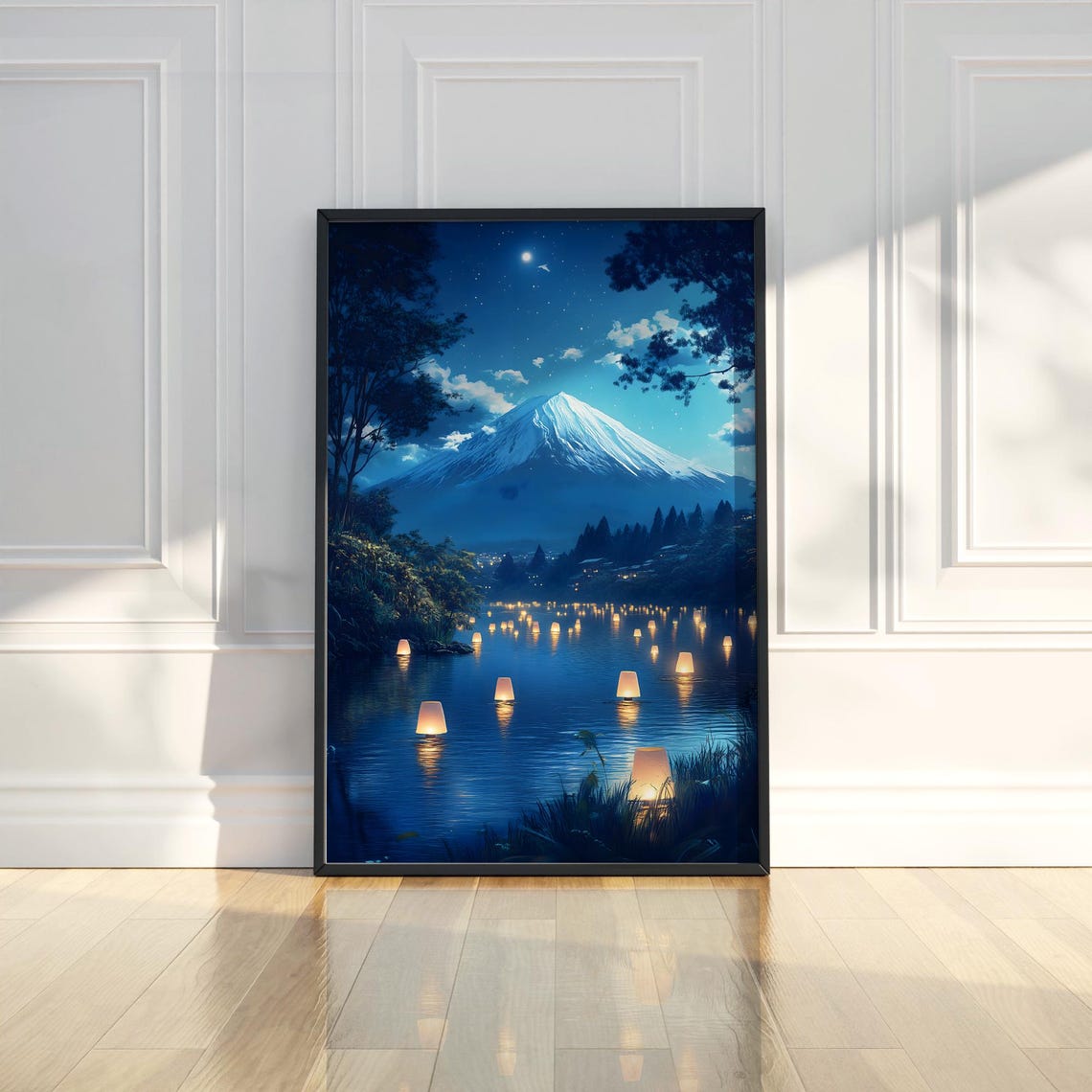 Mount Fuji Night Lantern Festival Lake Starry Sky Art Poster