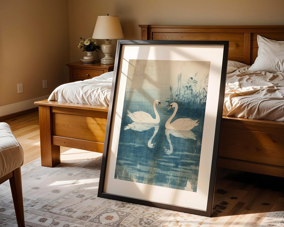 Vintage White Swan Pair Teal Lake Romantic Asian Style Art Poster - Image 4