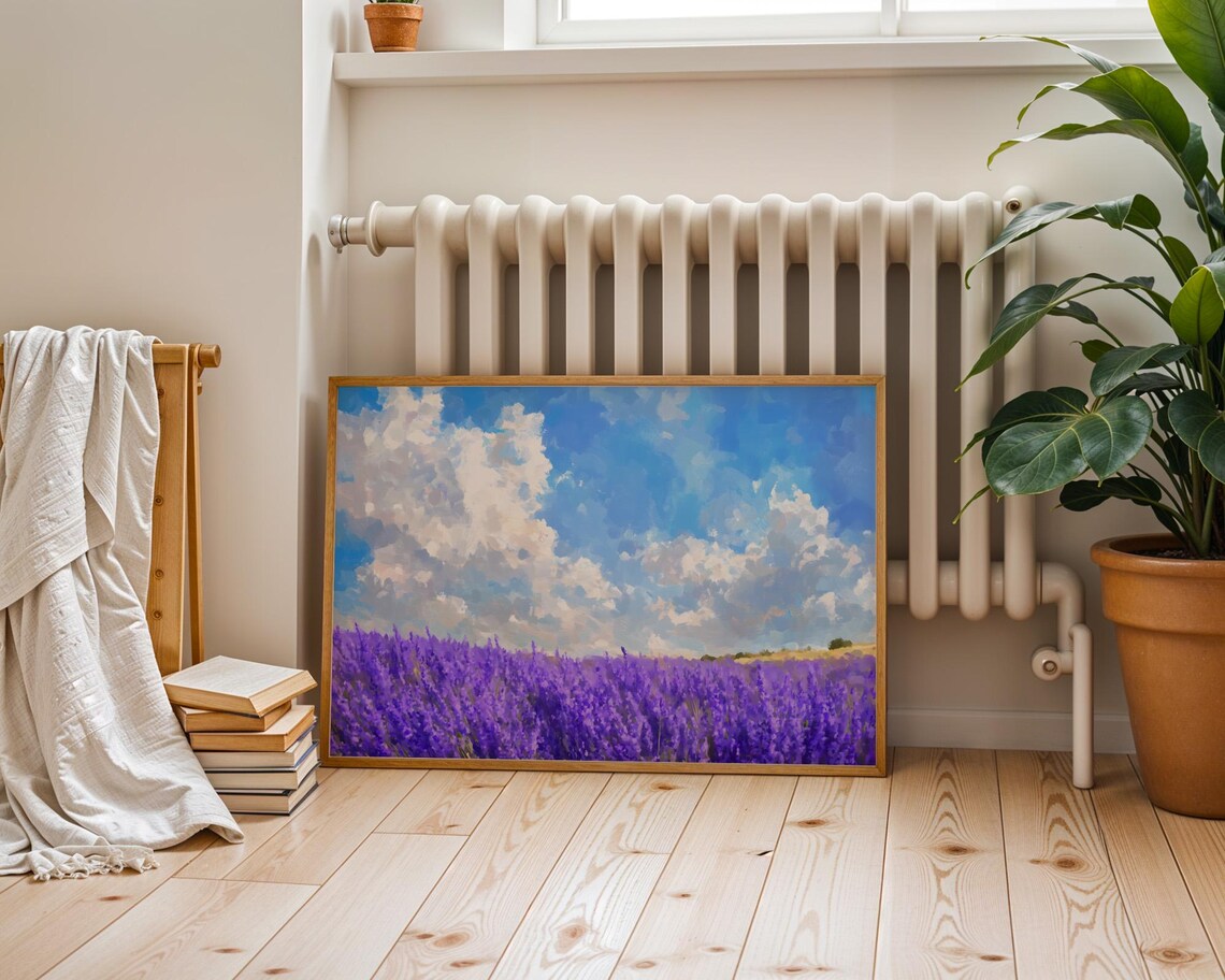 Lavender Field Blue Sky Summer Landscape Oil Painting Wall Print - Image 5