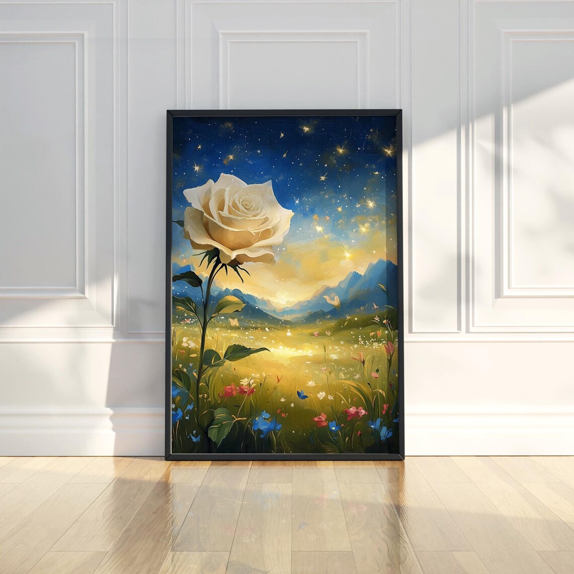 White Rose Starry Night Sky Wildflower Field Mountain Oil Painting Poster