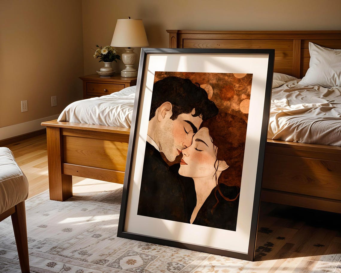 Golden Klimt Style Couple Embrace Intimate Romantic Art Poster