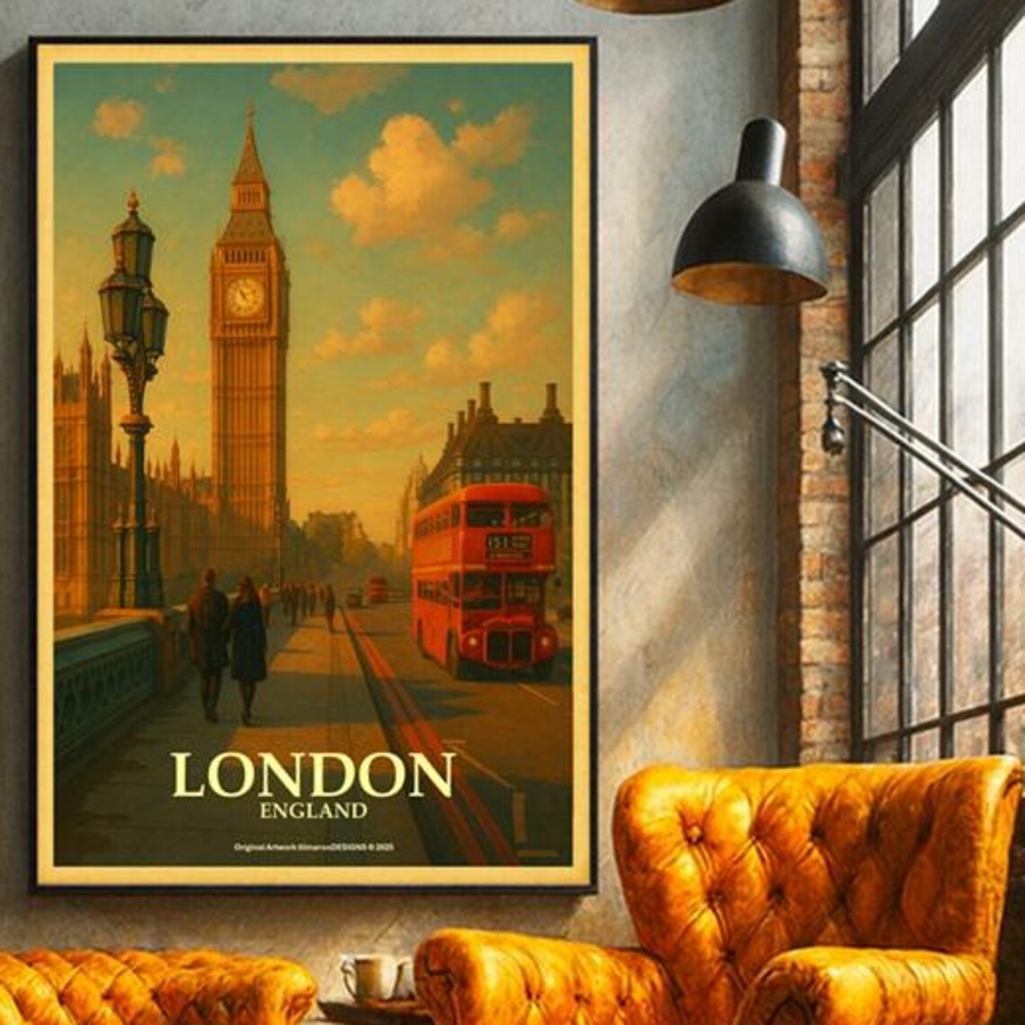 London England Big Ben Red Bus Golden Hour Vintage Travel Poster