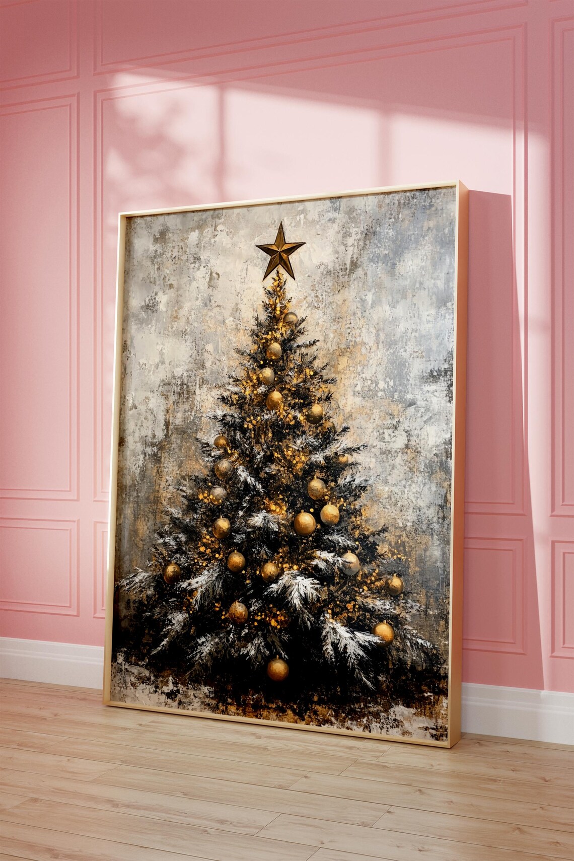 Black and Gold Christmas Tree Rustic Starry Night Holiday Art Poster