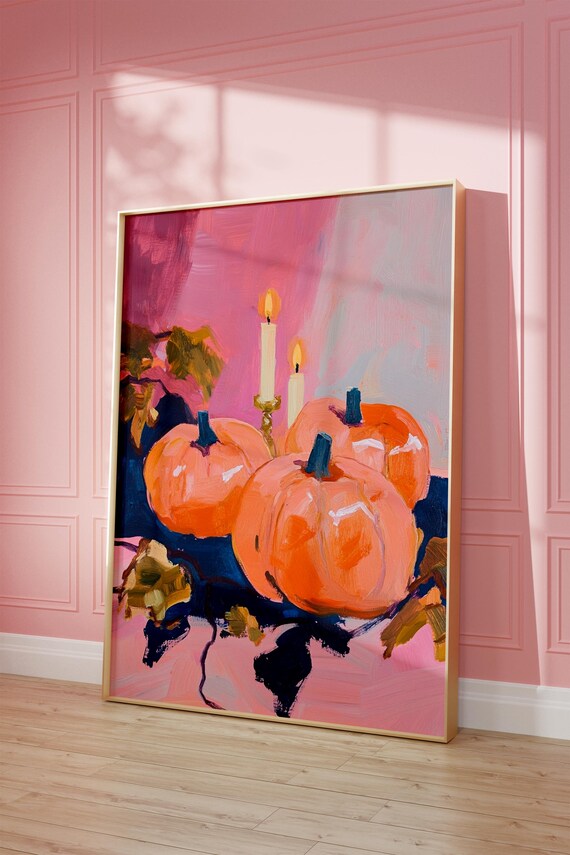 Pumpkins And Candles Painterly Still Life Fall Decor Art Poster