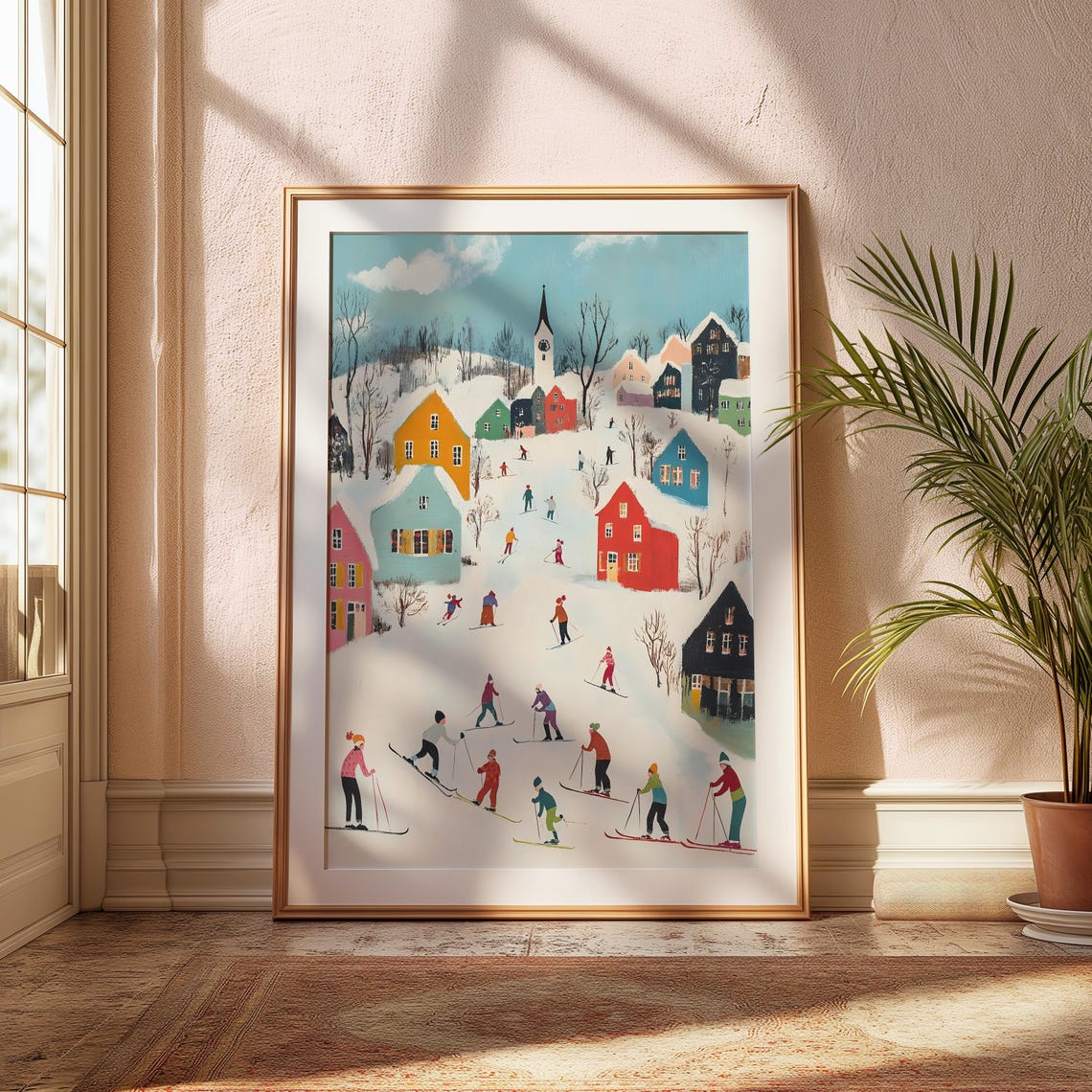 Colorful Ski Village Winter Wonderland Skiers Hillside Scene Poster - Image 3