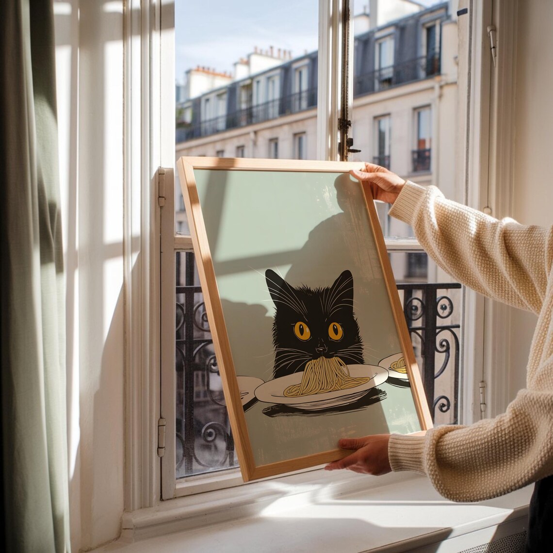 Black Cat Eating Spaghetti Funny Kitchen Cat Humor Art Poster - Image 2