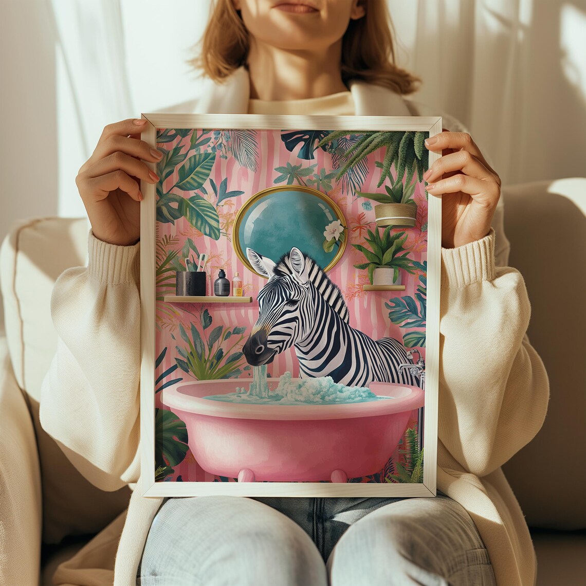 Zebra In Bathroom Maximalist Animal Print Poster - Image 2