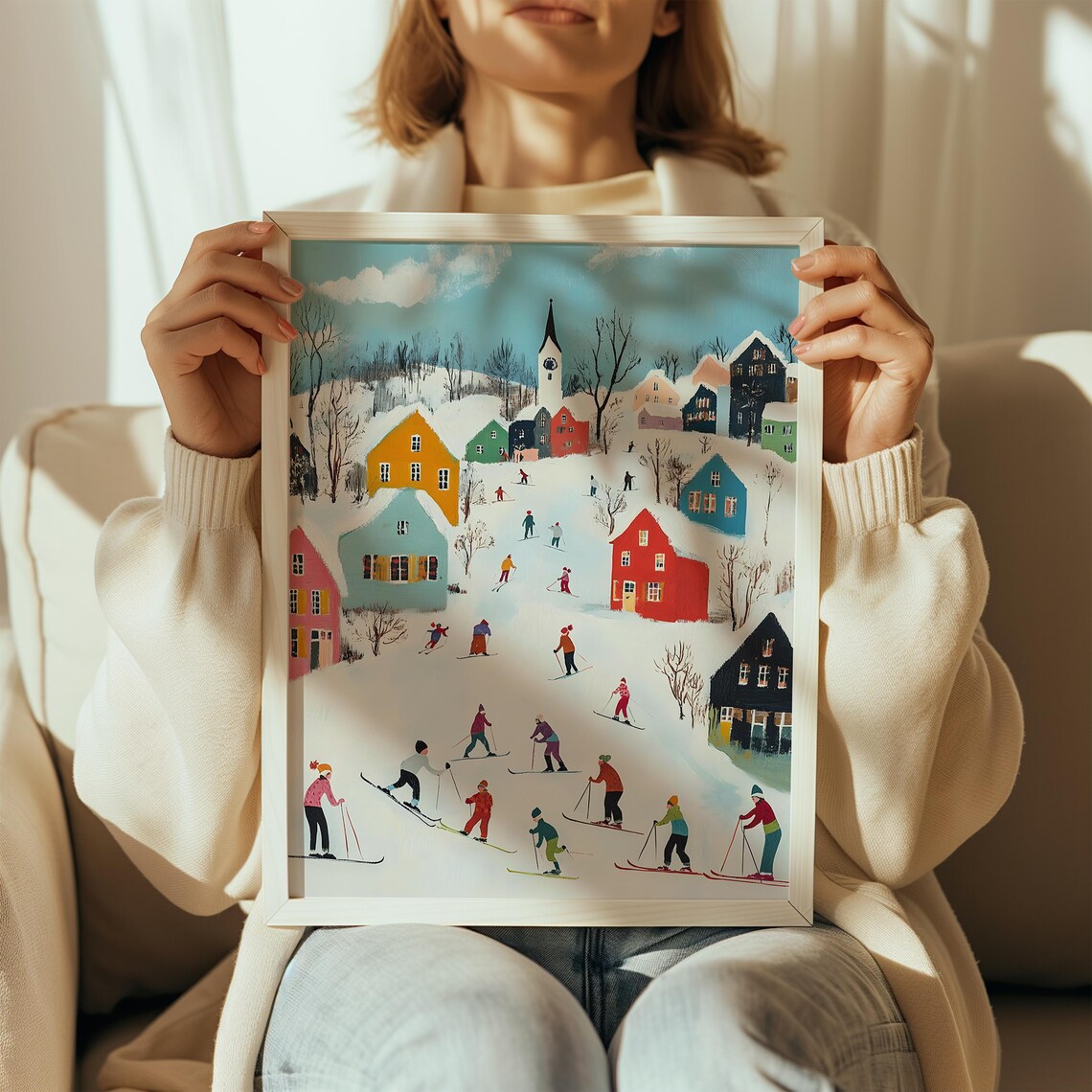 Colorful Ski Village Winter Wonderland Skiers Hillside Scene Poster - Image 2