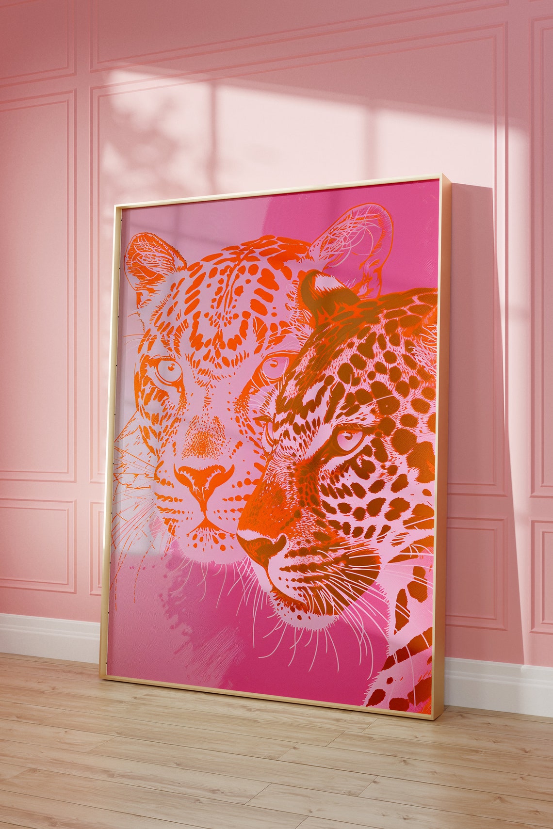 Orange And Pink Pop Art Leopard Double Portrait Trendy Art Poster