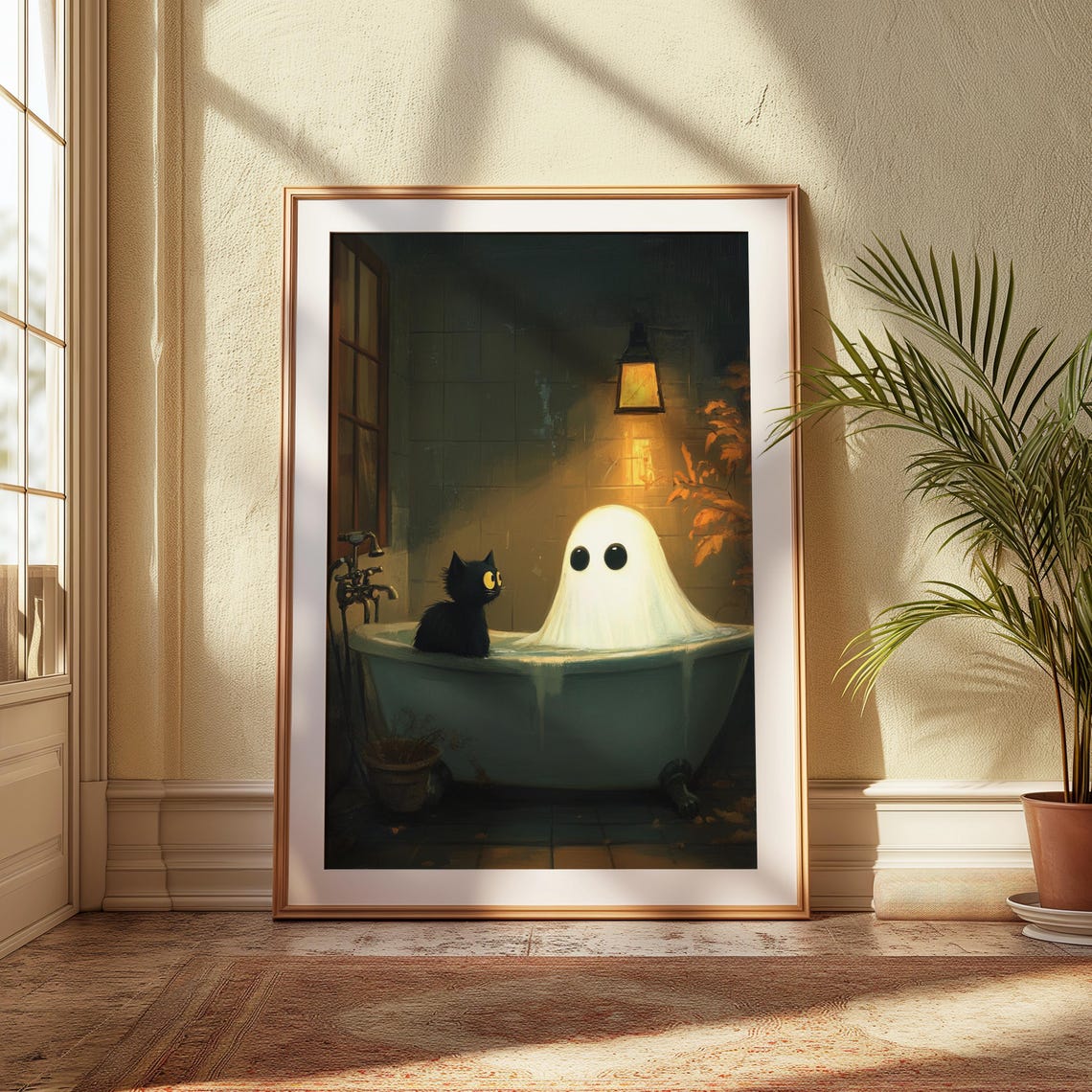 Ghost and Black Cat Bath Time Moody Spooky Halloween Painterly Poster - Image 3