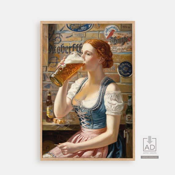 Vintage Oktoberfest Beer Lady Poster German Festival Wall Art Lover Decor Unique Bar Pub