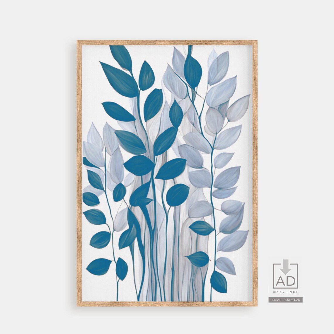 Two Tone Blue Gray Leaves Painting Minimalist Botanical Poster