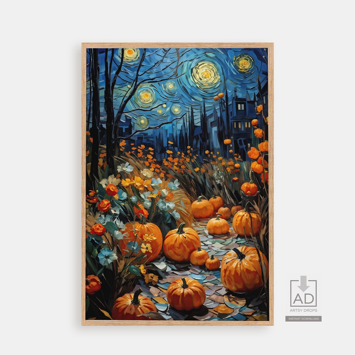 Starry Night Pumpkin Garden Van Gogh Style Fall Oil Painting Wall Art