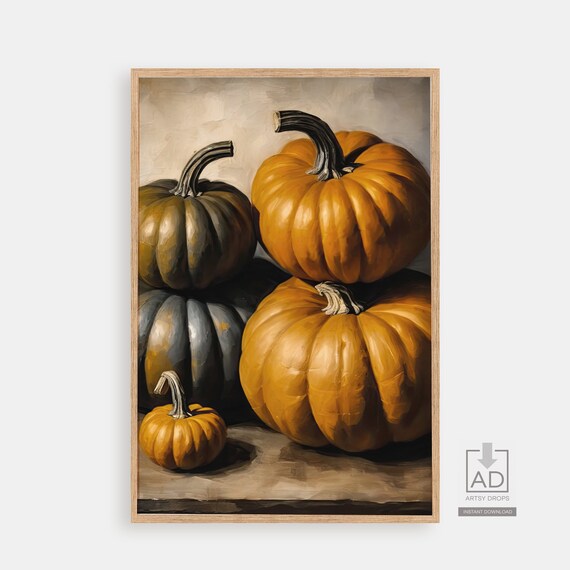 Pumpkin Harvest Still Life Orange and Blue Oil Painting Fall Wall Art