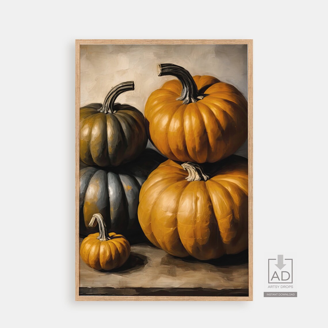 Pumpkin Harvest Still Life Orange and Blue Oil Painting Fall Wall Art