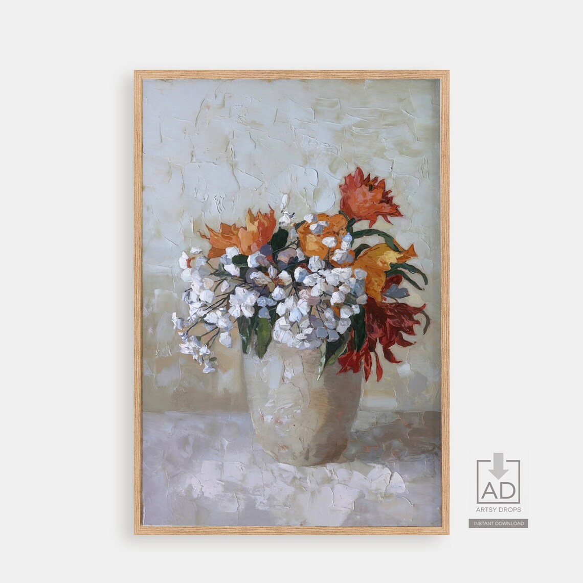 Orange Blossom Impasto Oil Painting White Babys Breath Vase Art Poster