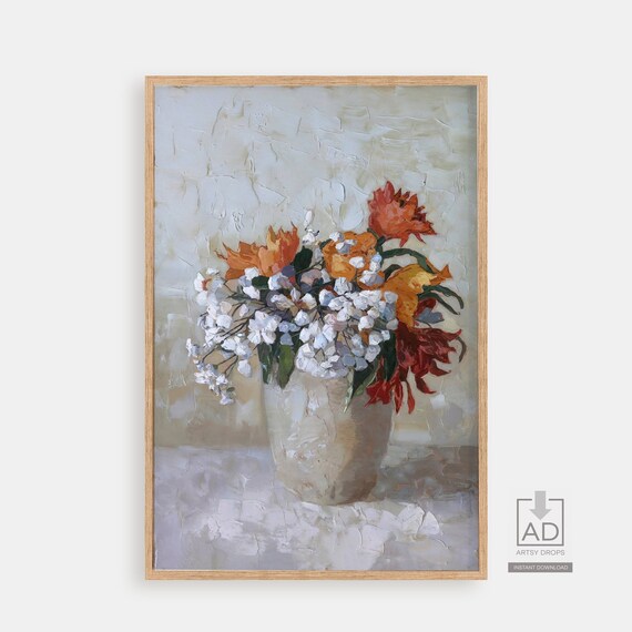 Orange Blossom Impasto Oil Painting White Babys Breath Vase Art Poster