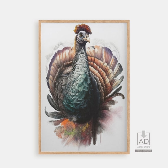 Art Print Of Exotic Turkey Bird Handdrawn Colorful Illustration Vibrant Wall Decor Instant