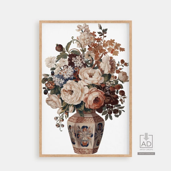 Vintage Floral Bouquet Art Print Botanical Flower Vase Illustration Wall Decor Instant Artwork Classic Home
