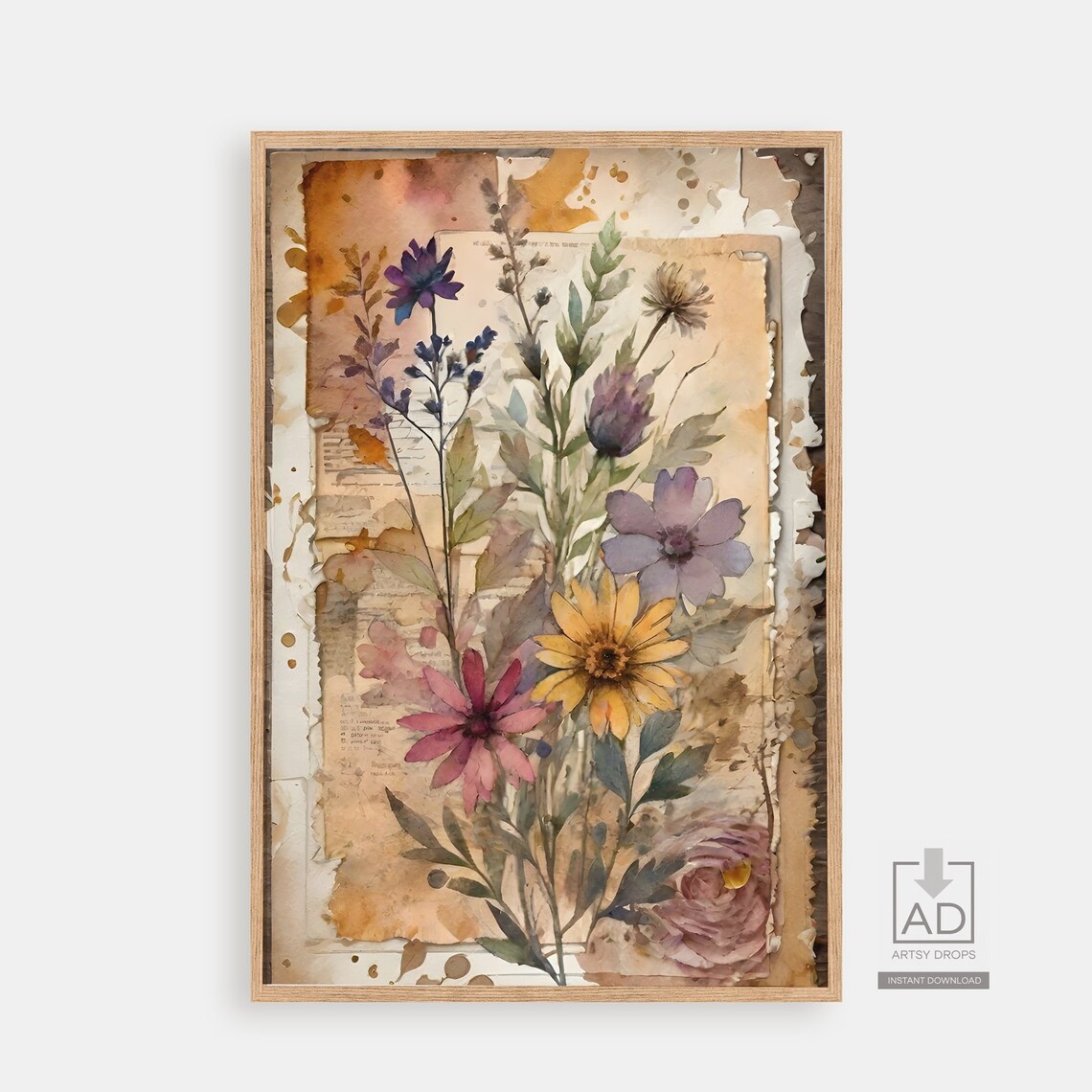 Vintage Wildflower Bouquet Floral Collage On Antique Paper Poster