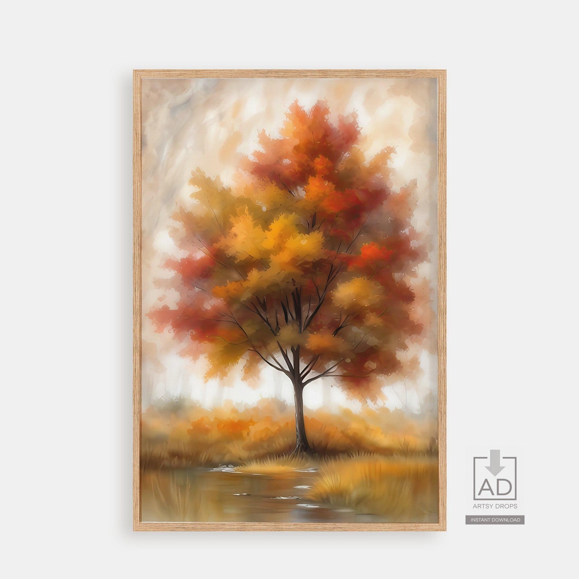 Vibrant Autumn Tree by Stream Watercolor Fall Landscape Poster