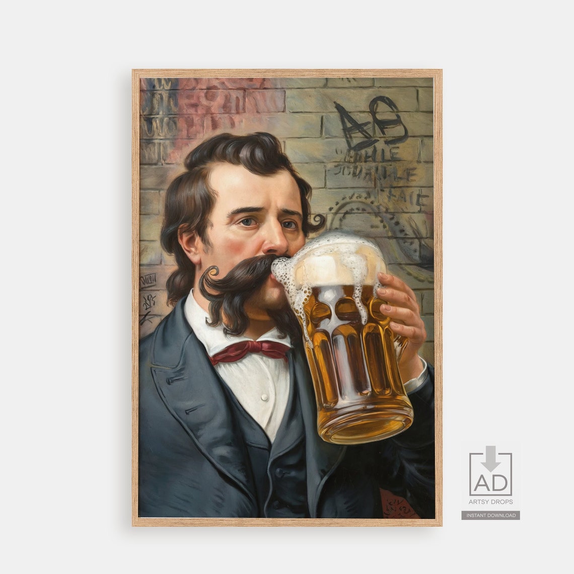 Vintage Mustache Man Drinking Beer Mug Retro Pub Portrait Art Poster