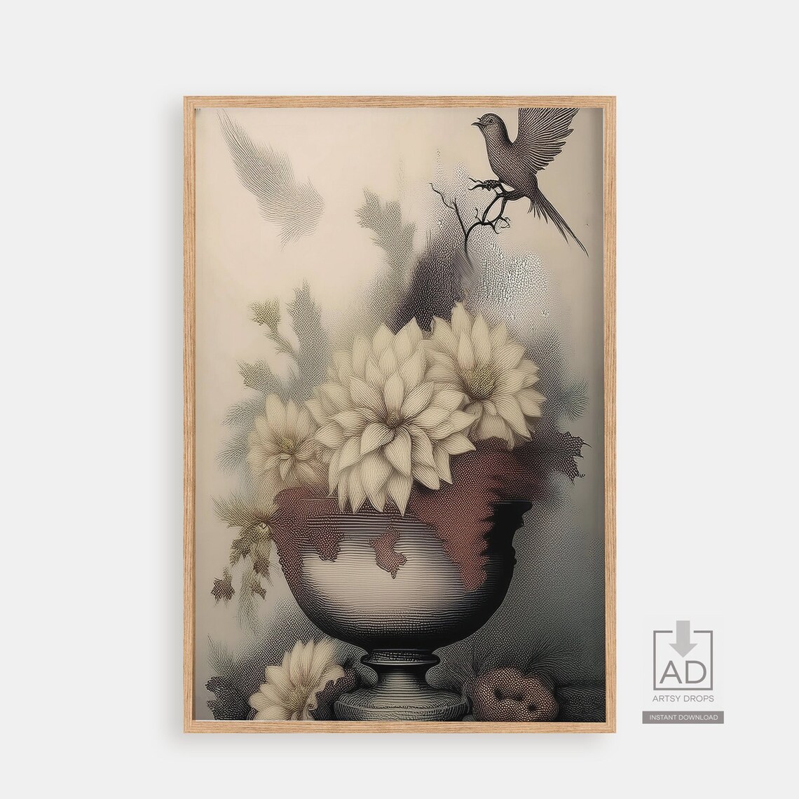Vintage Dahlia Urn Bird Flying Antique Engraving Botanical Art Poster