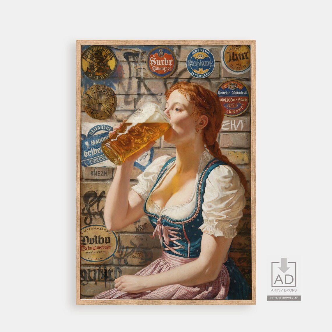 Vintage Beer Art Print, German Girl Oktoberfest