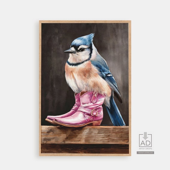 Blue Jay Art Print Bluebird In Boots Wall Nature Bird Lovers Gift Cute Illustration Quirky Decor Animal