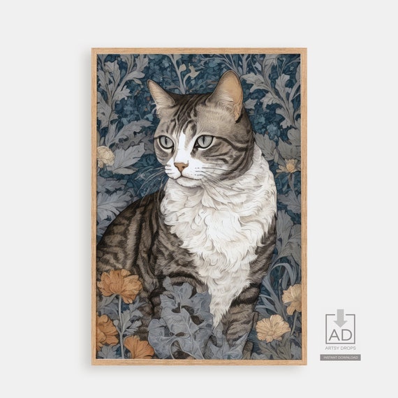Elegant Cat Art Print Botanical Illustration Poster Wall Decor