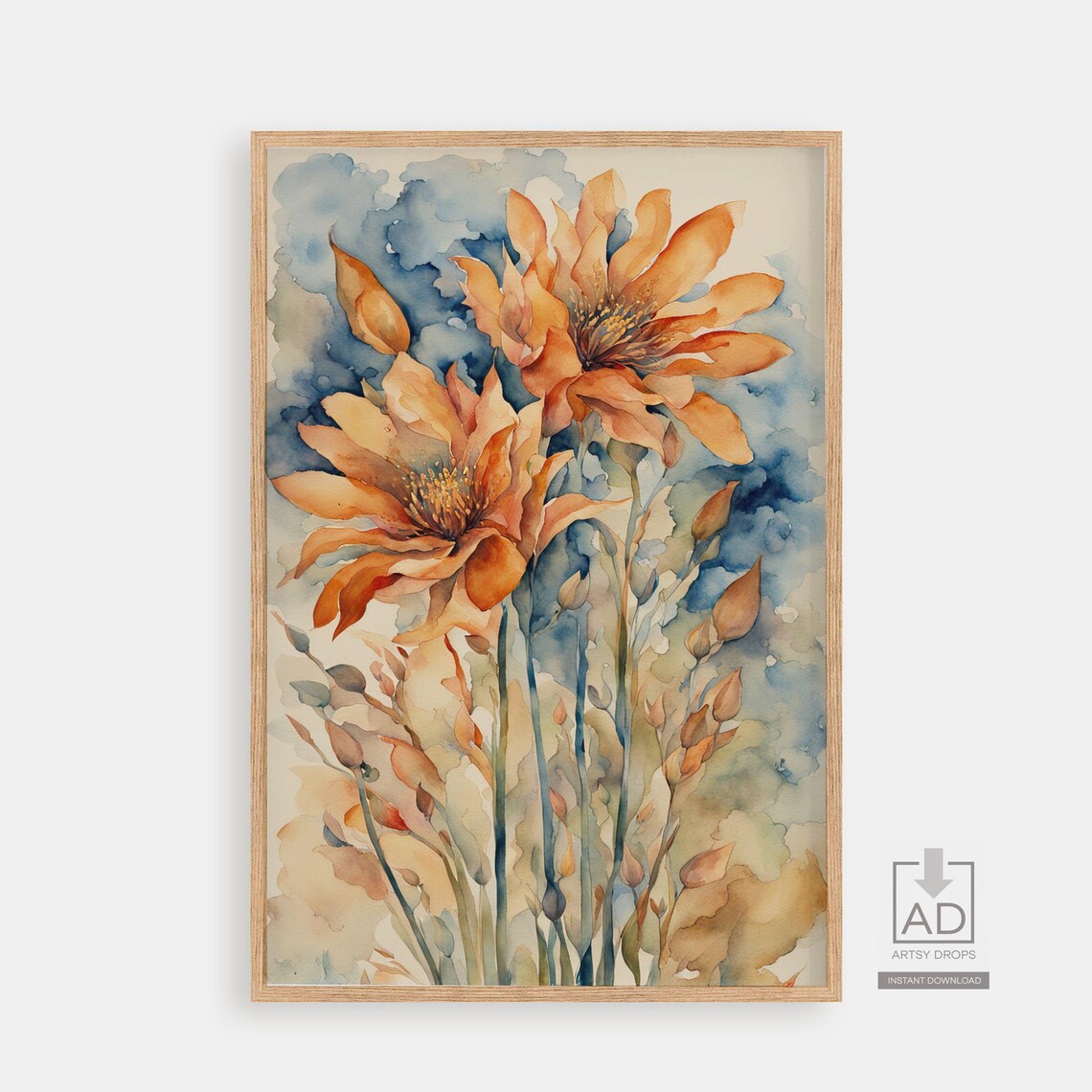 Tall Orange Blossoms Watercolor Painting In Blue Tones Poster