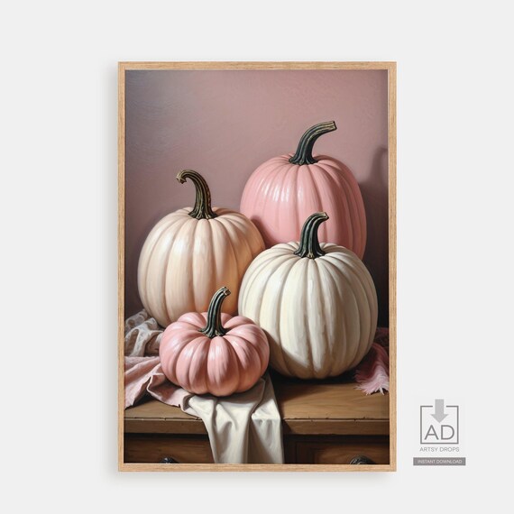 Blush Pink and White Pumpkins Still Life Painting Autumn Poster