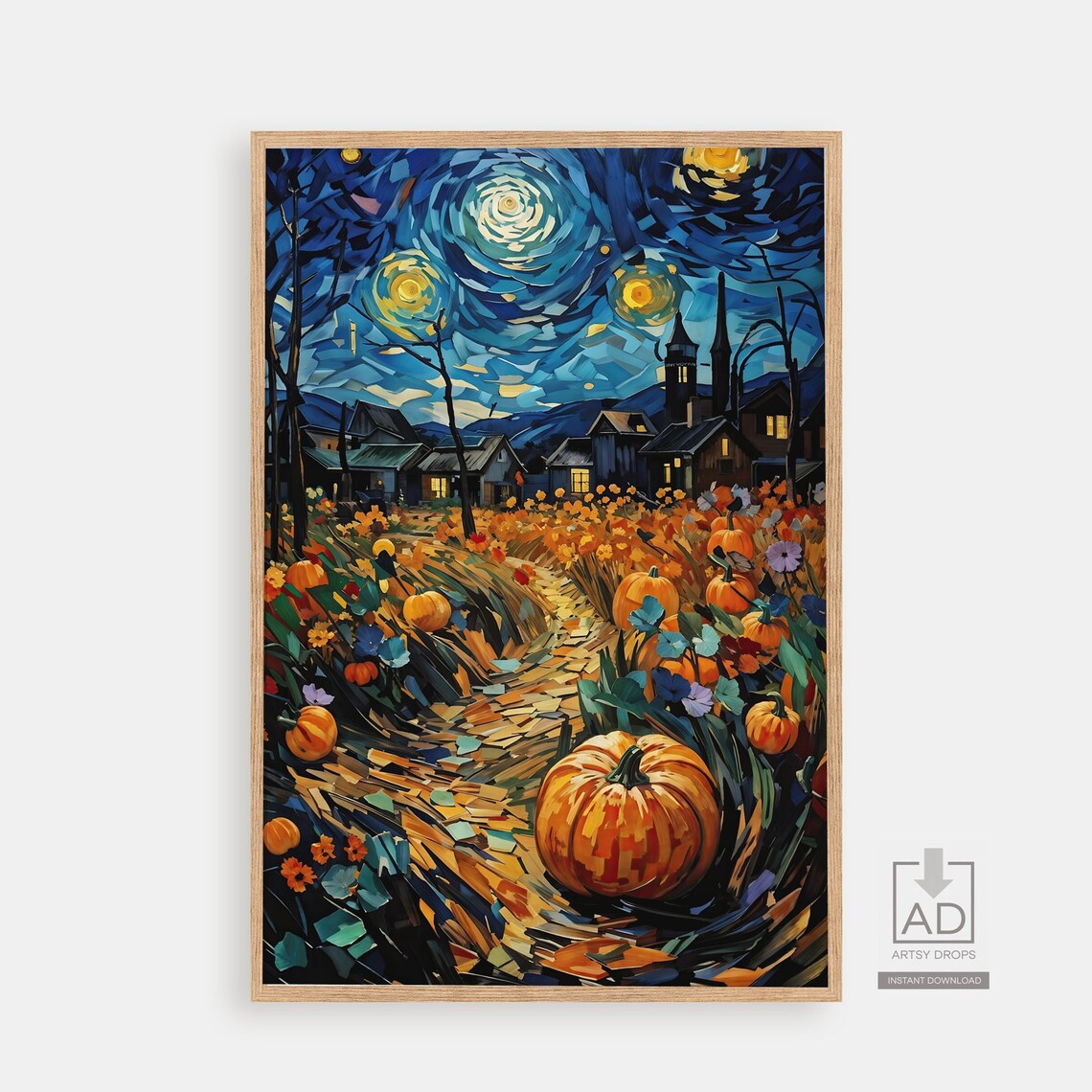 Starry Night Pumpkin Village Swirling Sky Harvest Moon Art Poster