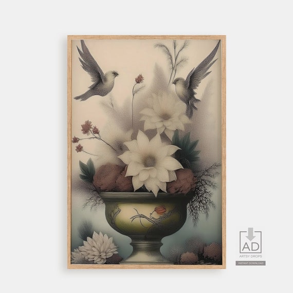 Vintage Floral Art Print With Birds Botanical Wall Decor Antique Flower Vase Illustration Instant