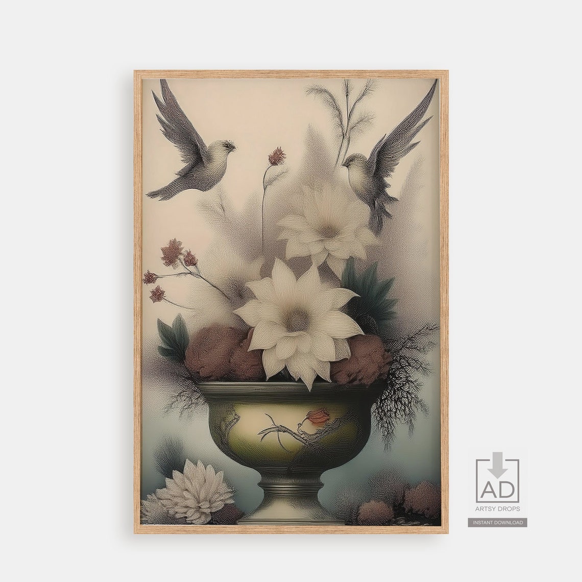 Vintage Floral Art Print With Birds Botanical Wall Decor Antique Flower Vase Illustration Instant