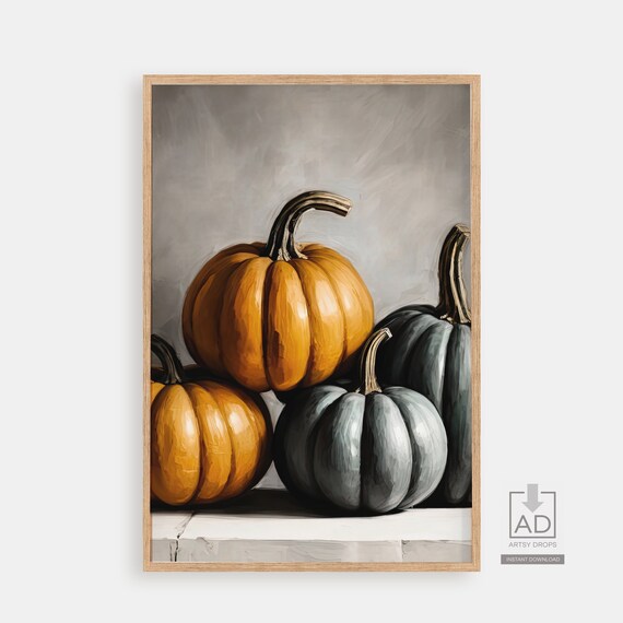 Rustic Pumpkins Cluster Orange and Gray Fall Oil Painting Wall Art