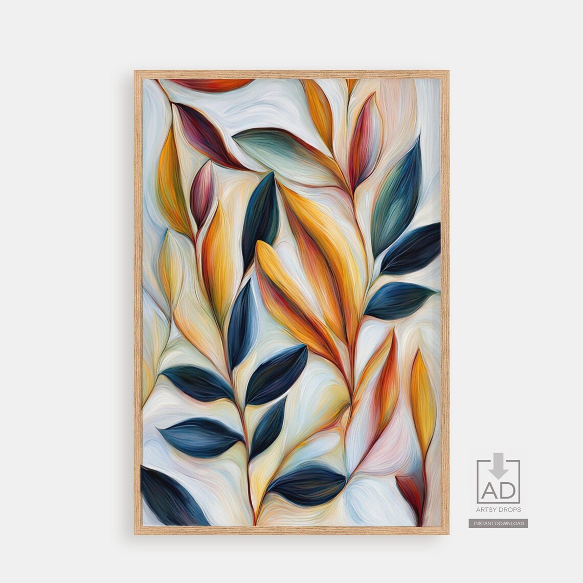 Vibrant Abstract Leaf Painting In Blue Gold And Cream Poster