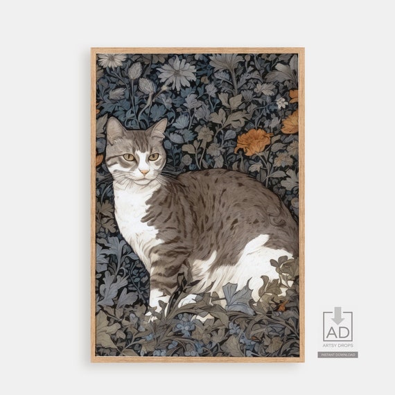 Vintage Cat Floral Print Art Poster Botanical Illustration Wall Lover Gift Decor Retro