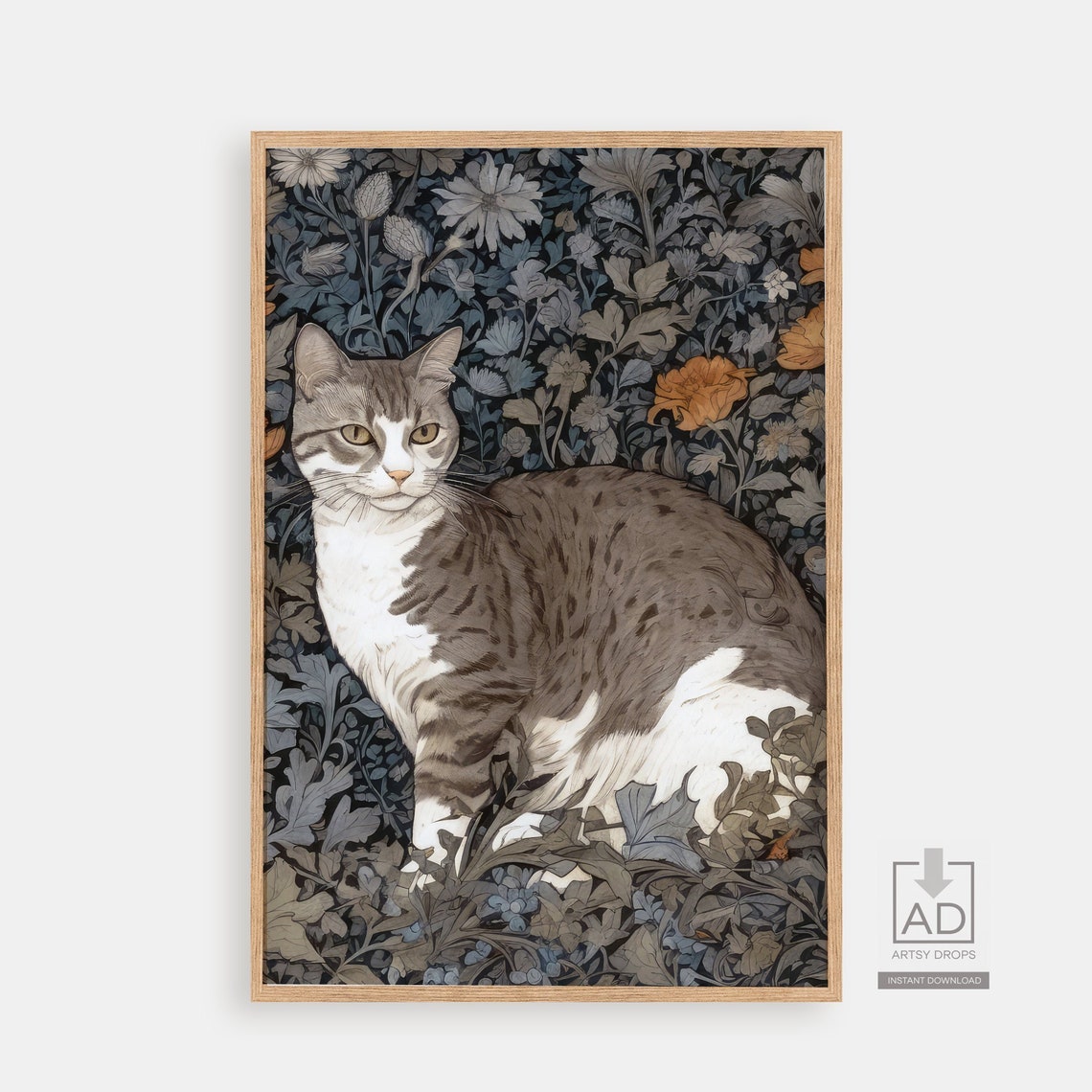 Vintage Cat Floral Print Art Poster Botanical Illustration Wall Lover Gift Decor Retro
