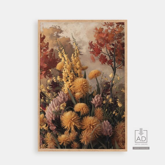 Golden Chrysanthemum Fall Maple Leaf Painterly Botanical Art Poster