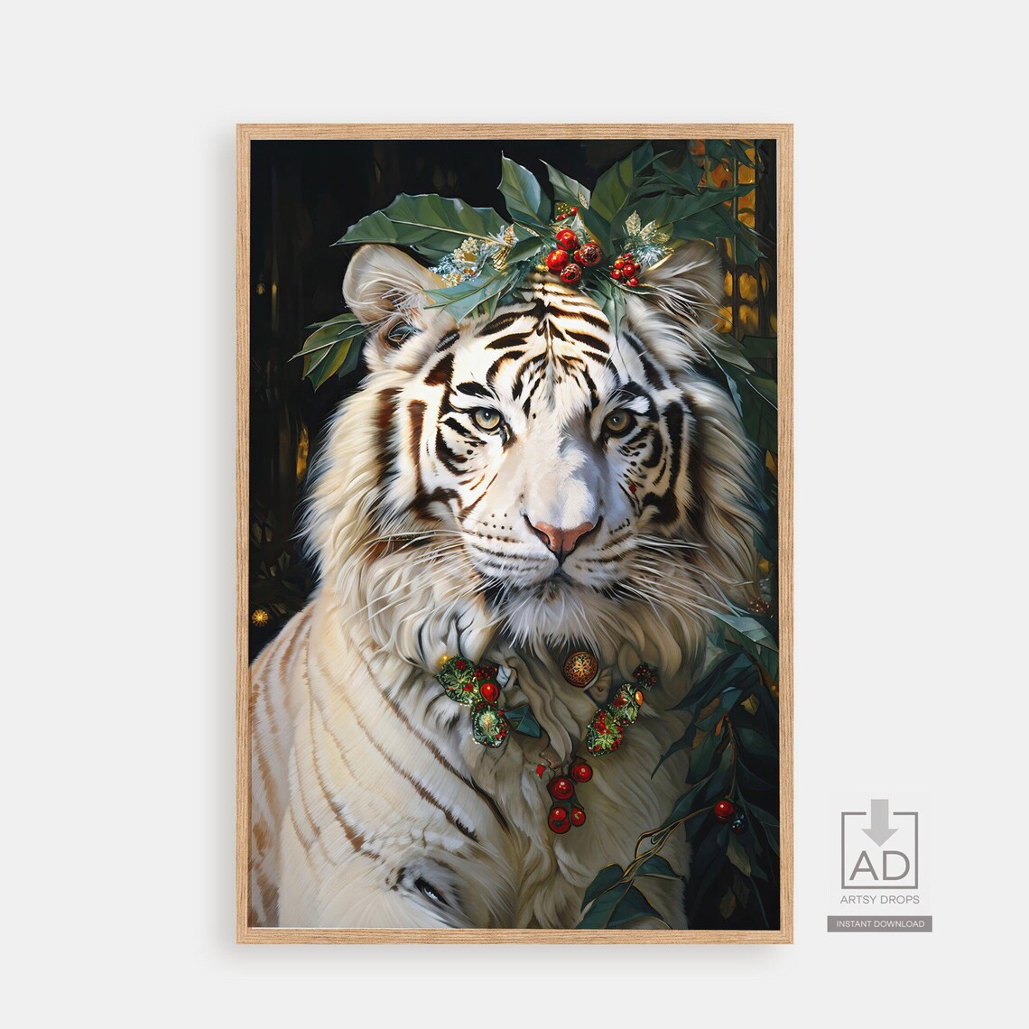 White Tiger Holly Crown Berry Necklace Christmas Wildlife Poster