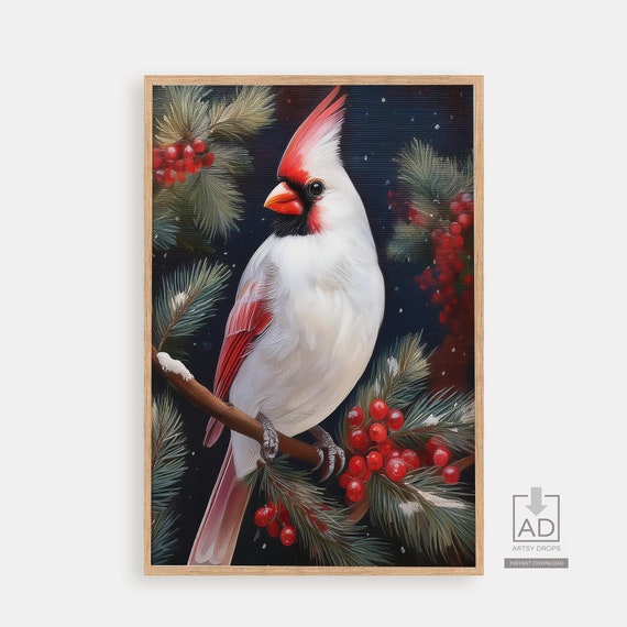 Cardinal Bird Art Print Christmas Wall Decor Winter Illustration Holiday Red And White