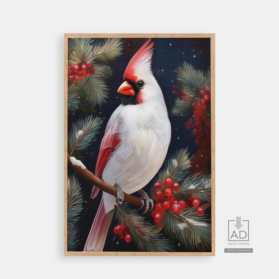 White Cardinal Winter Pine Berry Branch Portrait Bird Art Poster