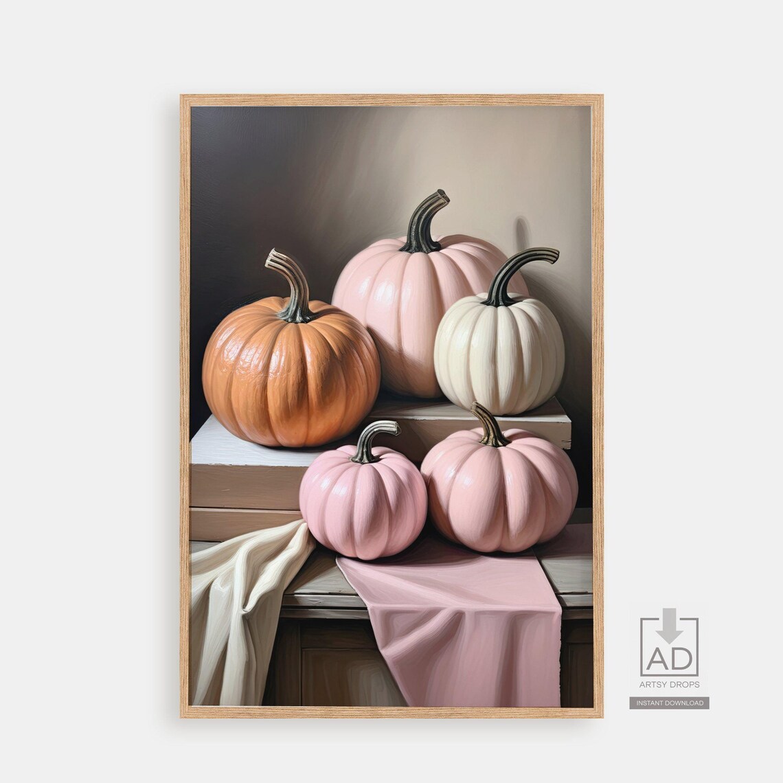 Pastel Pumpkins on Wooden Boxes Autumn Still Life Farmhouse Poster